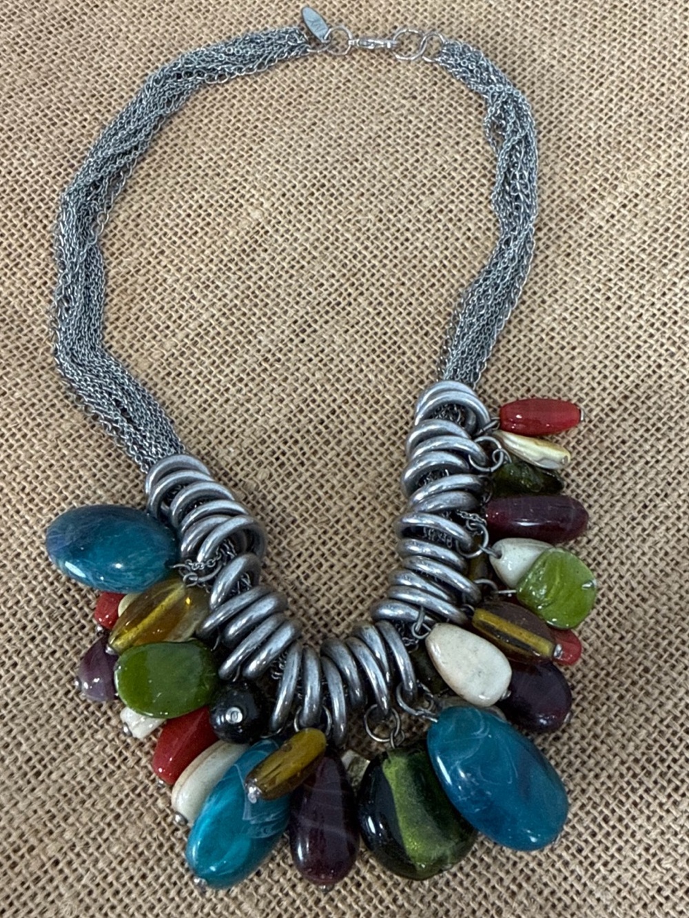 New York & Co. Heavy Silver Tone Chunky Multi-Color Stones & Art Glass 18”